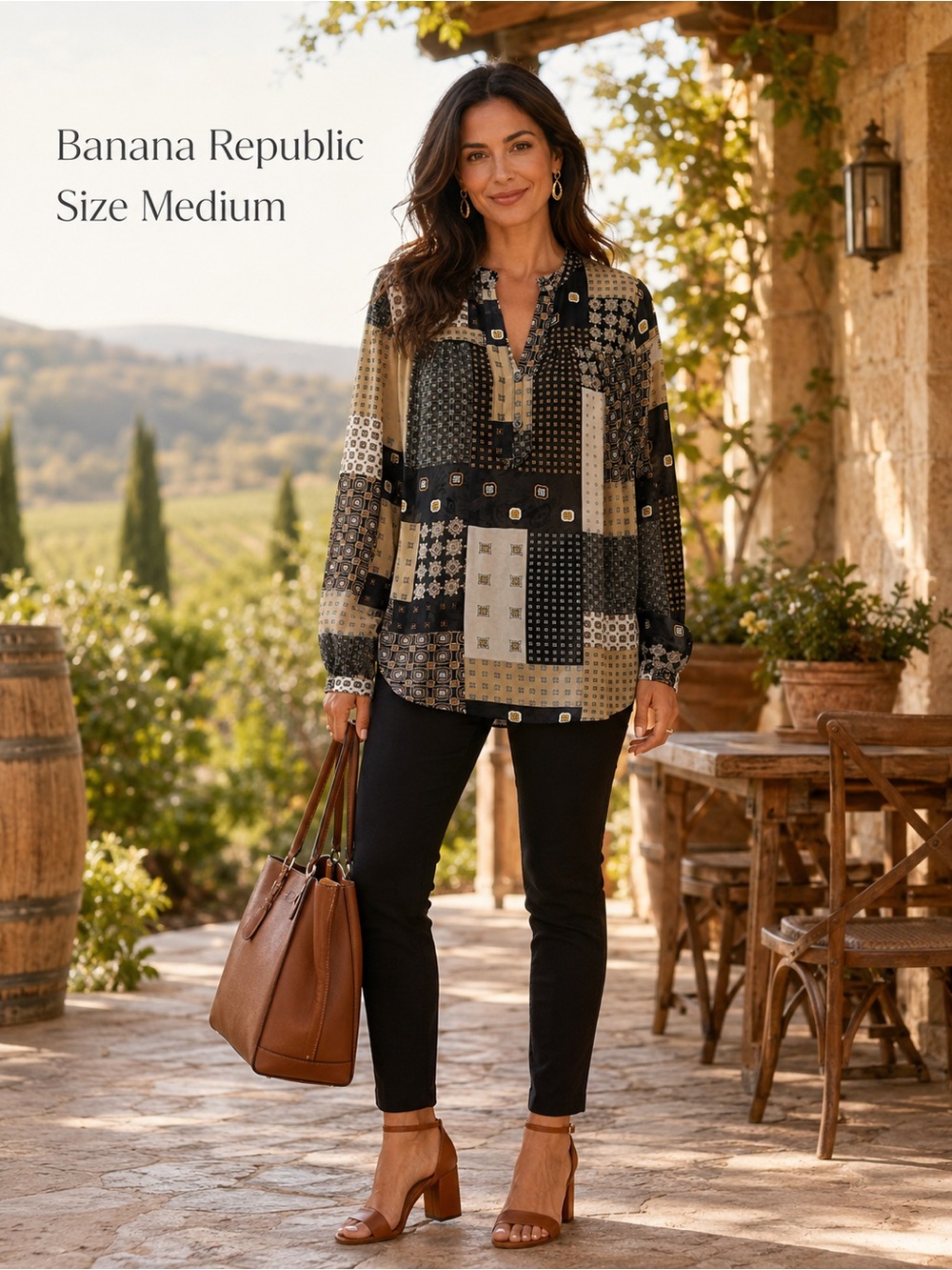 Banana Republic Patchwork Scarf Print Long Sleeve Blouse Medium